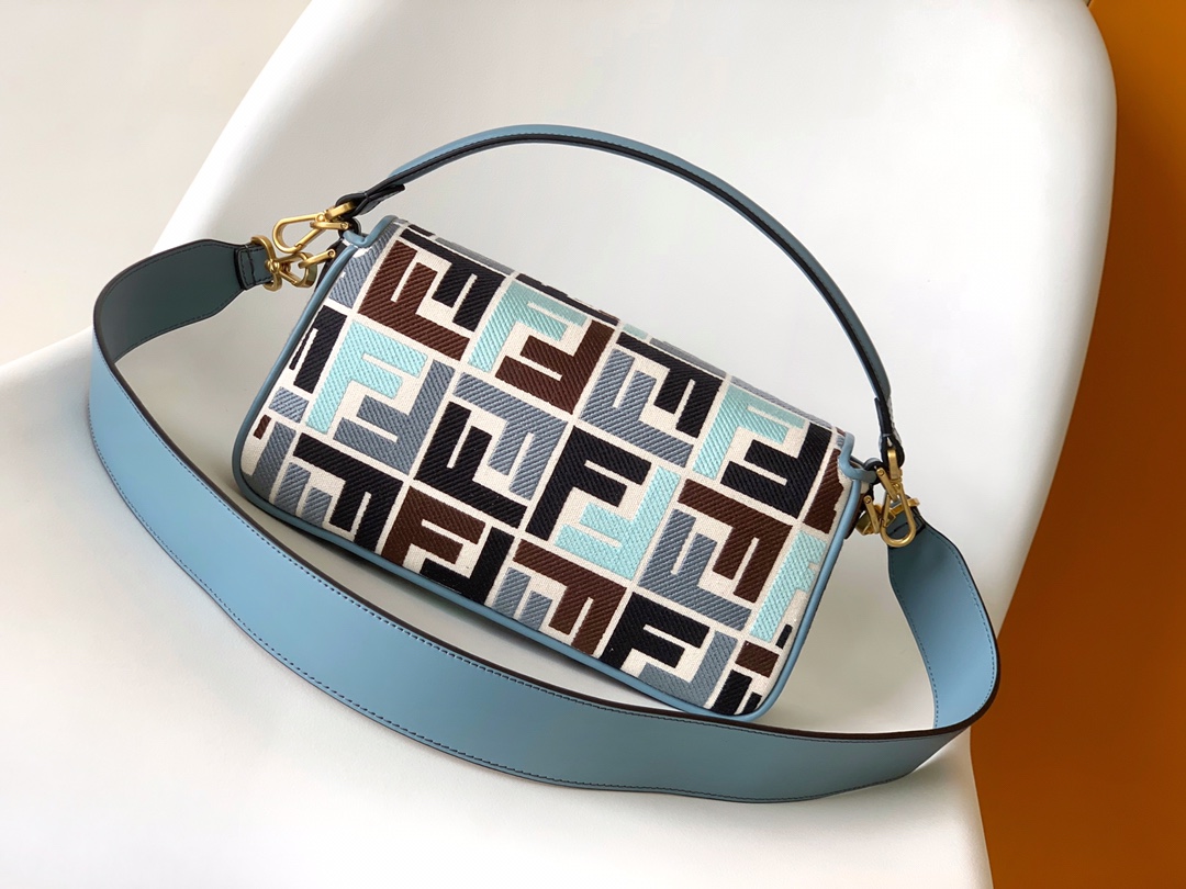 Fendi Medium Baguette FF Canvas Embroidery Shoulder Bag Multicolor/Blue